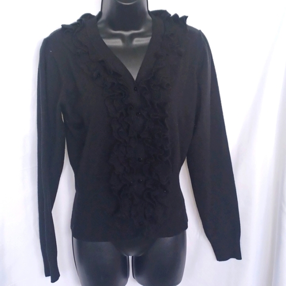 Elio Ruffled Frint Black cotton blend Button Cardigan, Long Sleeves - Picture 1 of 4